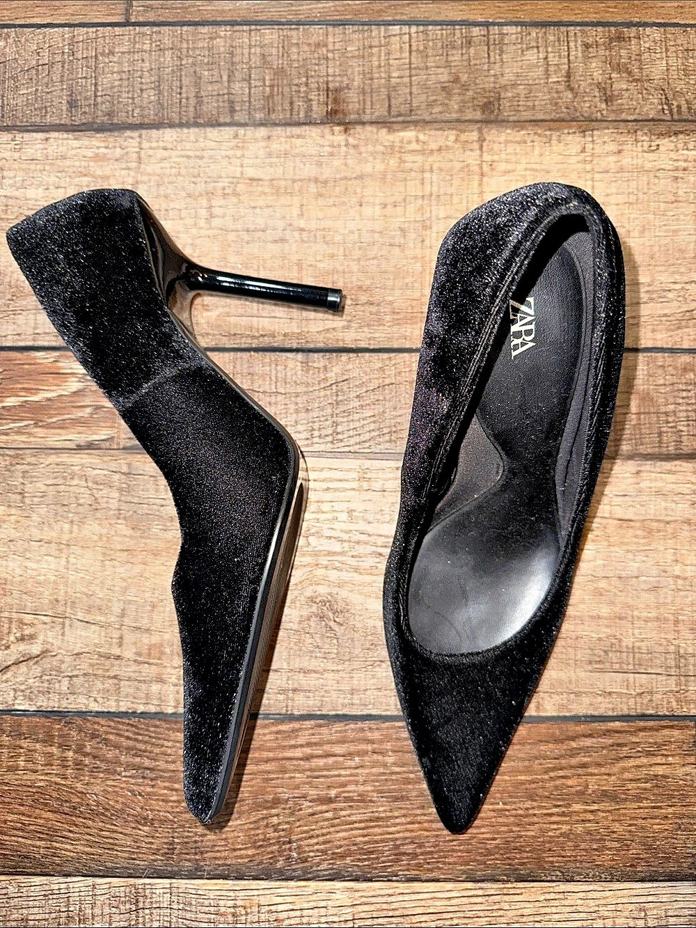 Zara Black Velvet Pointed-Toe Heels EU 37